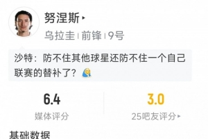 半场被换下，努涅斯本场数据：1射0正，仅8次触球，评分6.4分-x9